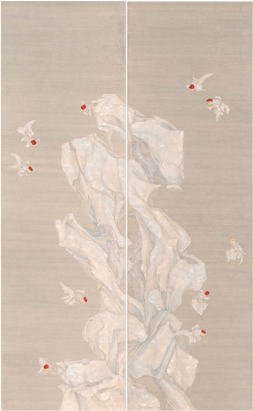  Gao Qian - ʯͼ Fish and Stone ֽɫ Ink and colour on paper 234.5×142cm 2016